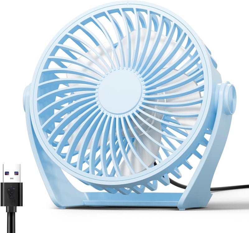 Edvision USB Desk Fan, 5 Inch Small Portable, 3 Speeds Powerful Wind Mini Personal Desktop Fan 360° Rotation Adjustable, Plug In USB Fan Quiet for Table Home Office Travel Car(Blue) - Image 1
